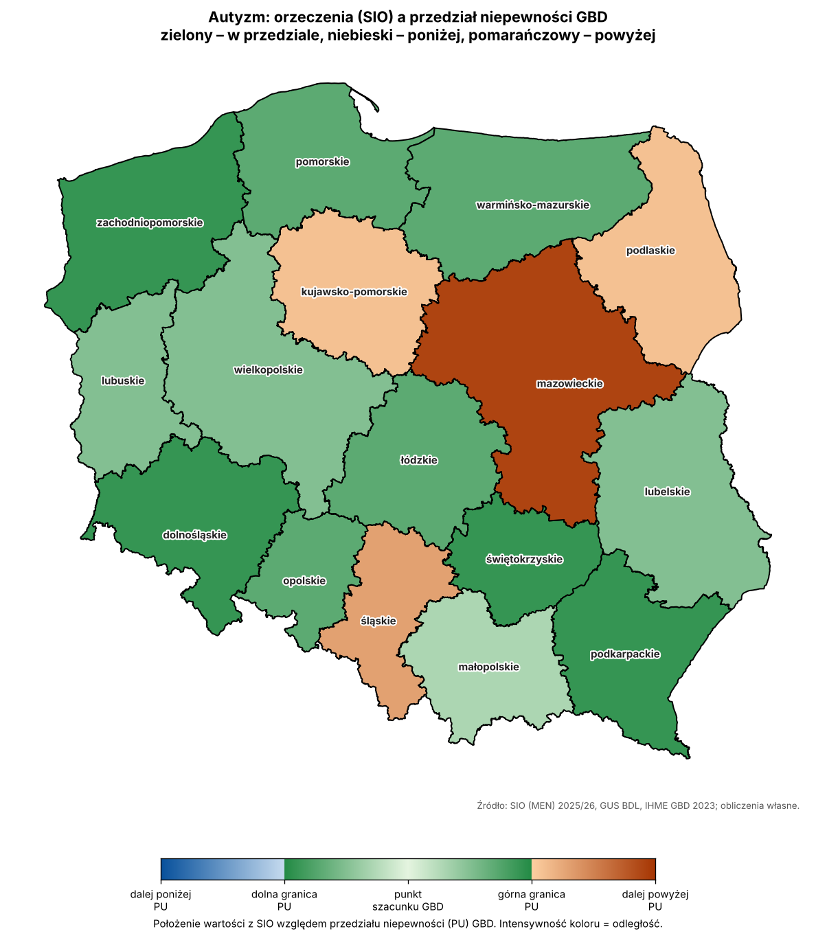 Autyzm. Orzeczenia na 100 dzieci w wieku 0–17 lat na tle przedziału niepewności chorobowości GBD, w ujęciu wojewódzkim.
