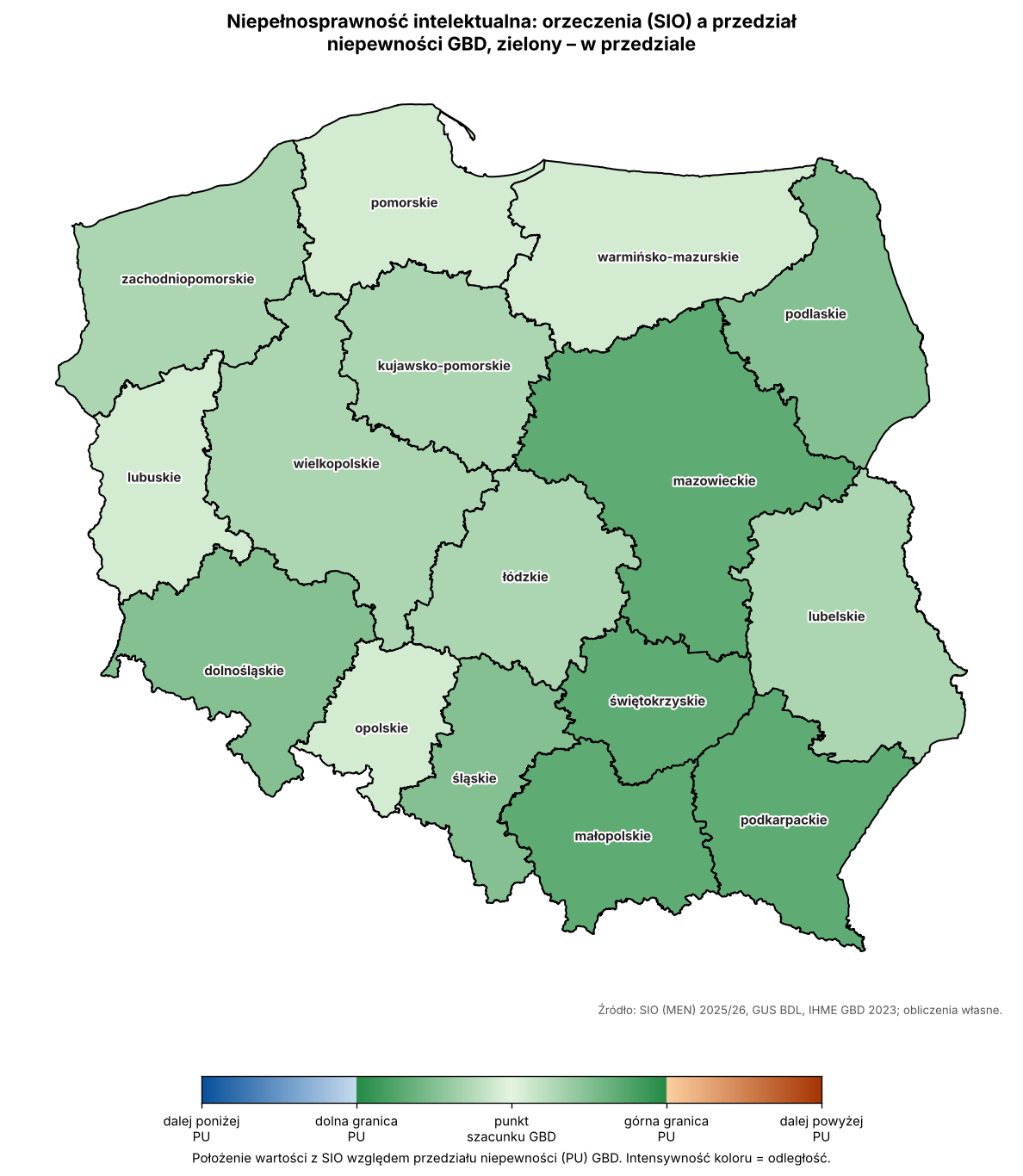 Niepełnosprawność intelektualna. Orzeczenia na 100 dzieci w wieku 0–17 lat na tle przedziału niepewności GBD, w ujęciu wojewódzkim.